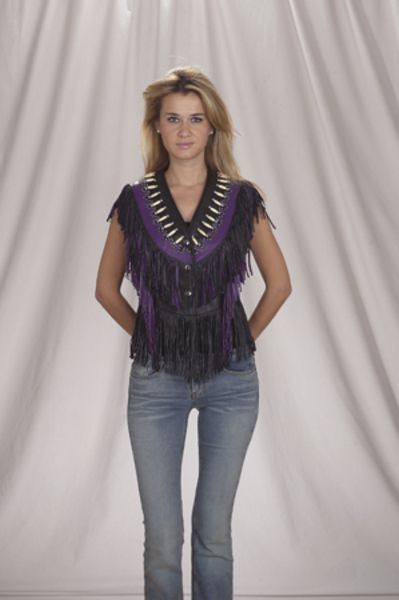 LV429<br>Ladies vest with beads, bone, braid and fringe with snaps