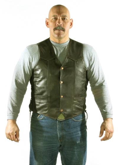 MV303-Brown<br>Mens Vest with Side Laces, 2 Front, 2 Inside pockets, Cowhide Leather
